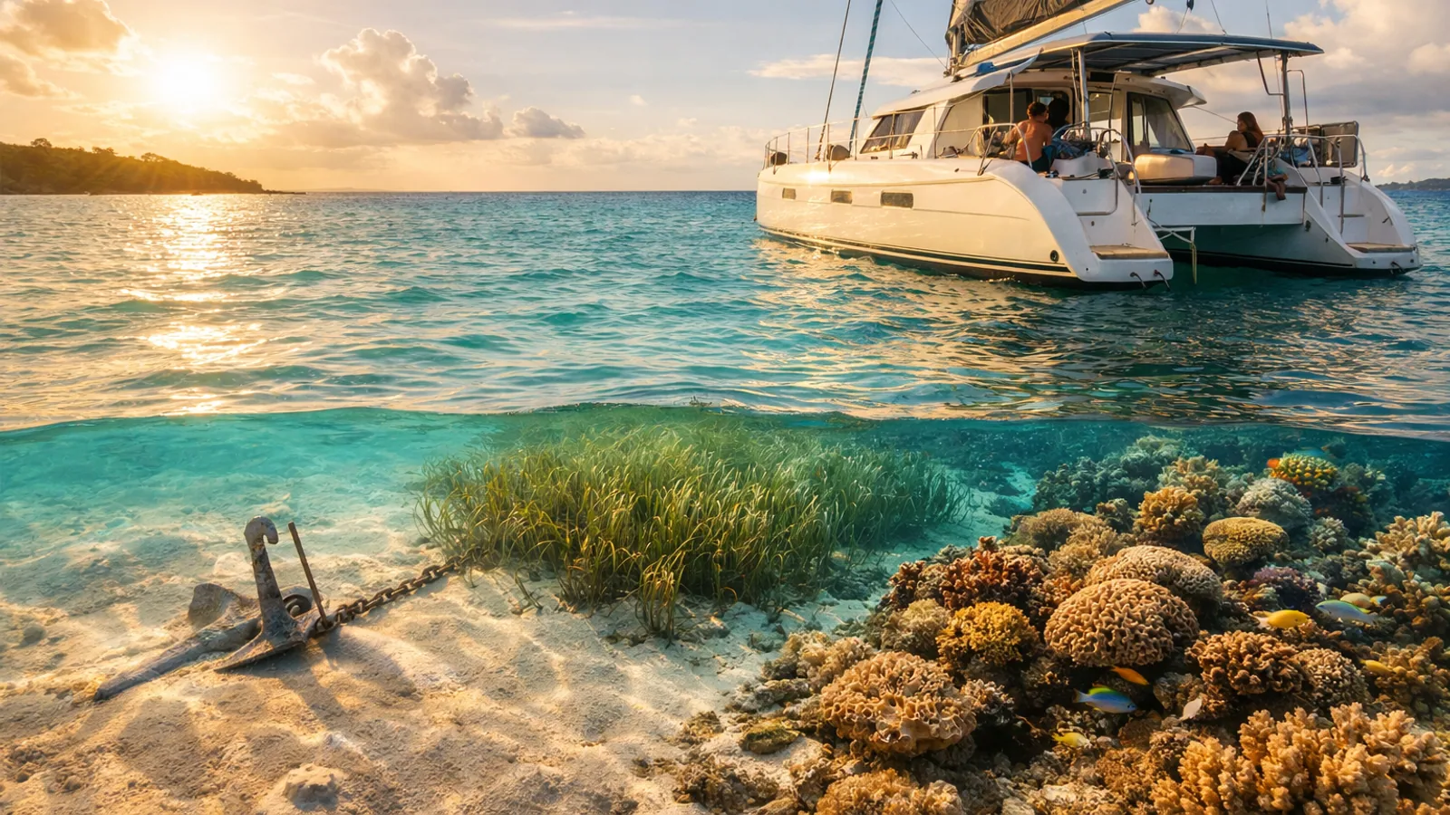 Eaux claires et fonds sableux vus depuis un bateau aux Antilles