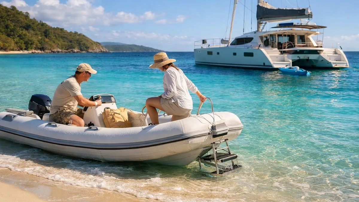 Annexe approchant une plage claire depuis un voilier au mouillage