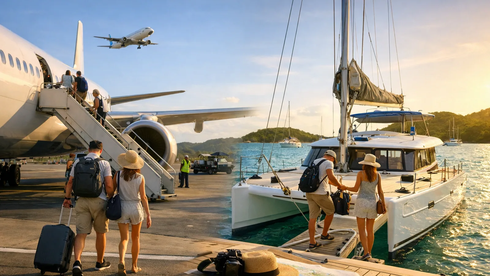 Bagages souples posés près d’un ponton avant embarquement en voilier