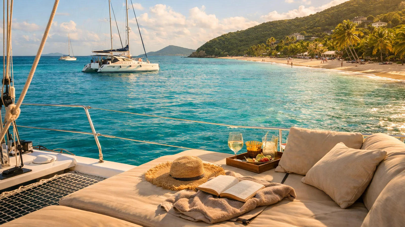Baie calme et plage antillaise vues depuis le pont d’un voilier