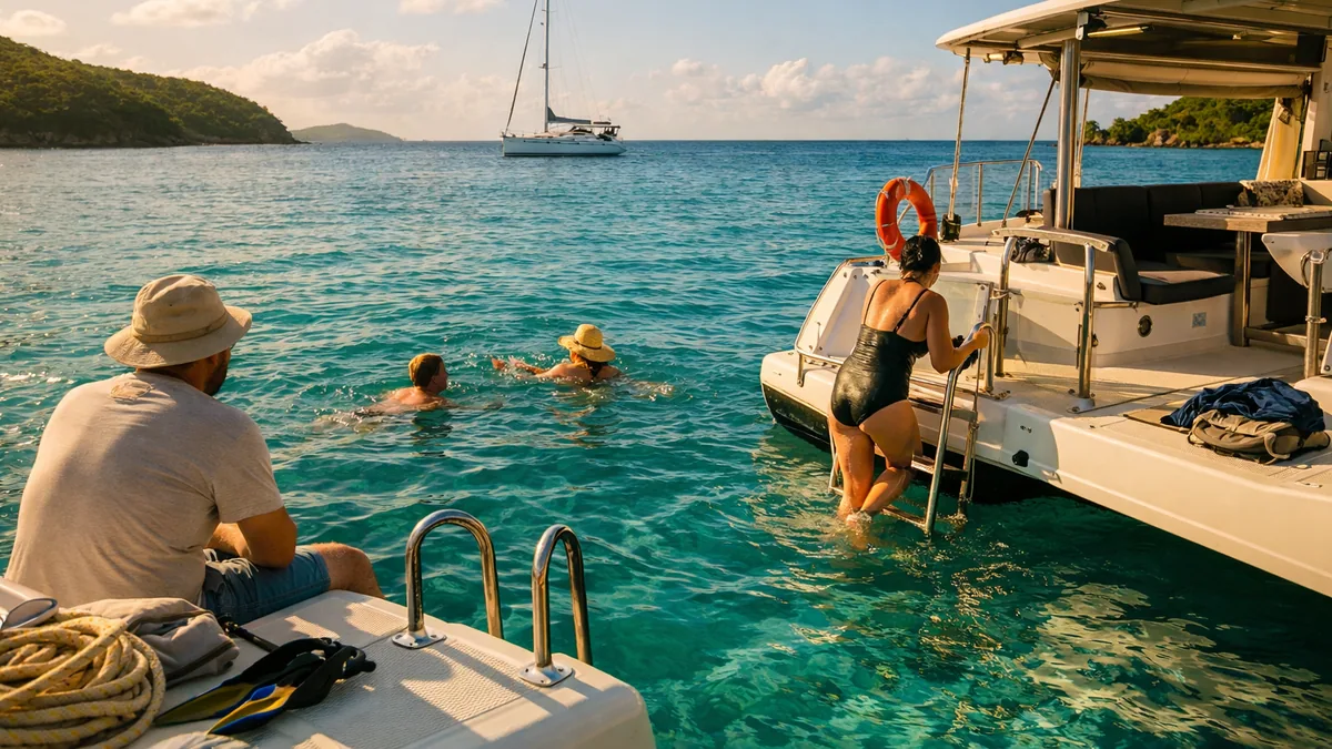 Équipage se baignant près d’un voilier au mouillage dans un lagon clair