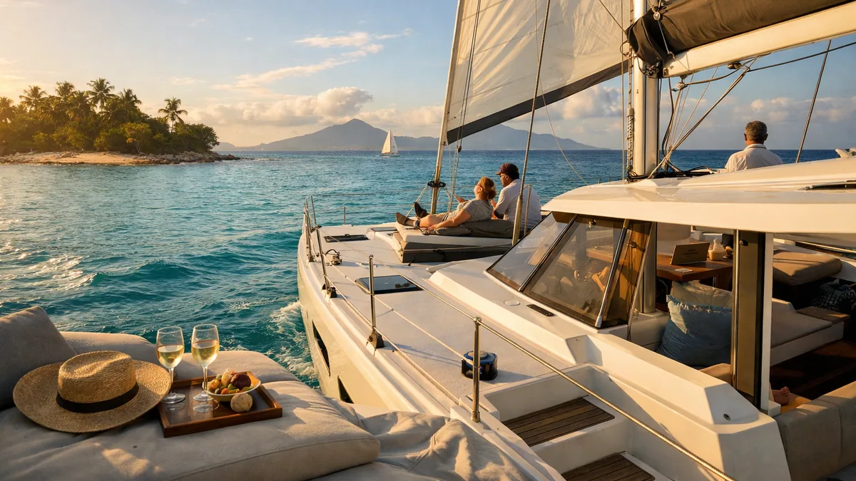 Catamaran confortable au mouillage dans une baie claire
