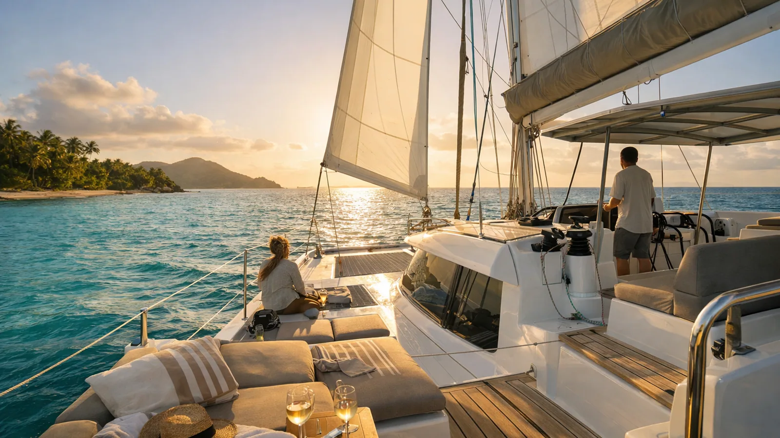 Catamaran confortable au mouillage dans une baie claire