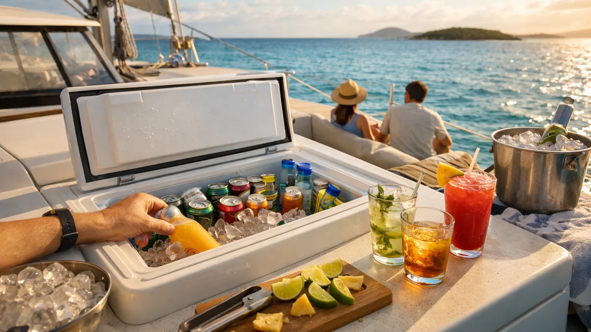 Boissons fraîches rangées dans une glacière à bord d’un bateau