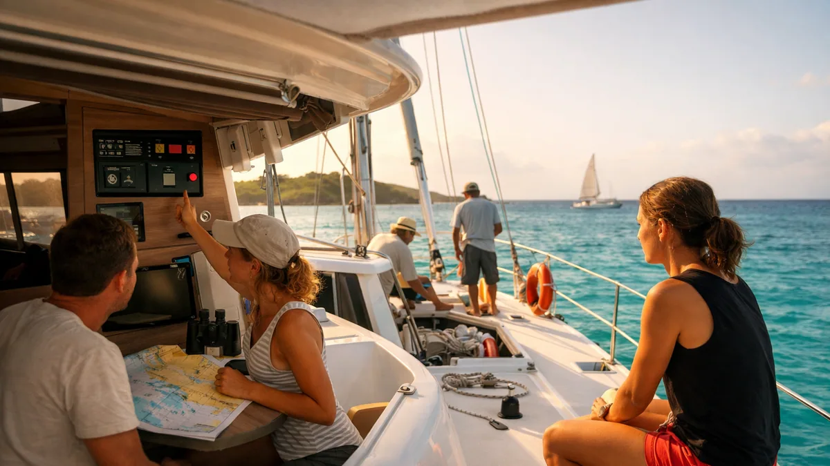 Skipper expliquant les consignes de sécurité à un équipage en cockpit