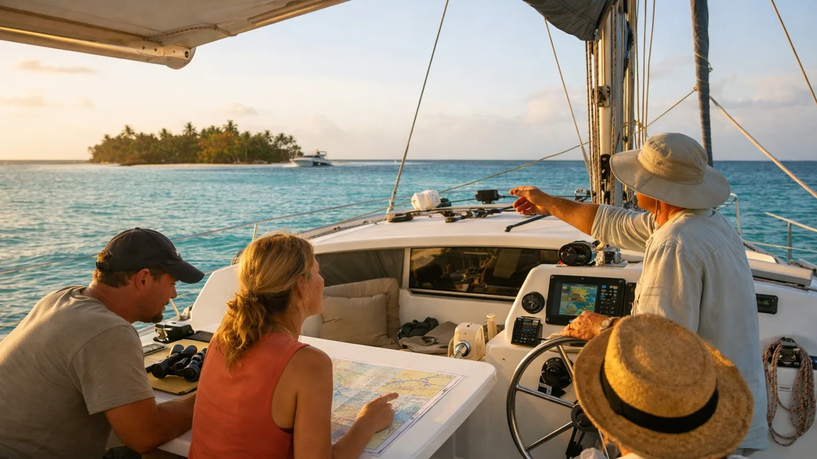 Skipper expliquant les consignes de sécurité à un équipage en cockpit