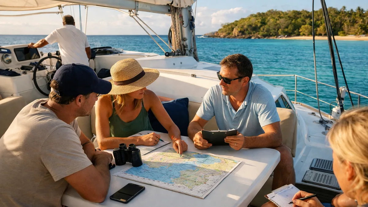 Équipage partageant les frais de bord autour de la table du cockpit