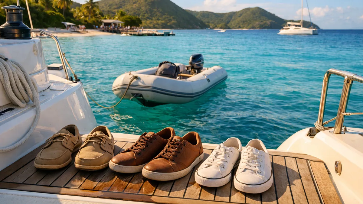 Chaussures nautiques posées sur le pont d’un voilier avant une escale
