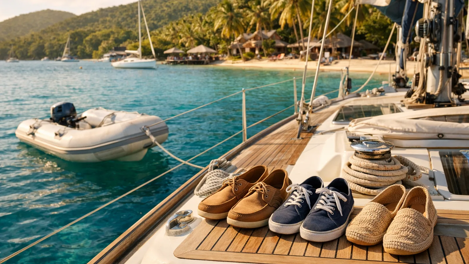 Chaussures nautiques posées sur le pont d’un voilier avant une escale