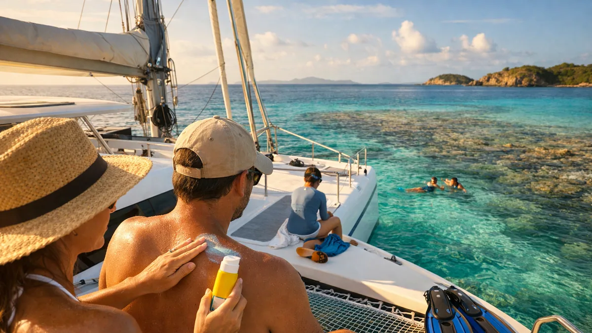 Crème solaire et masque posés près d’un lagon clair aux Antilles