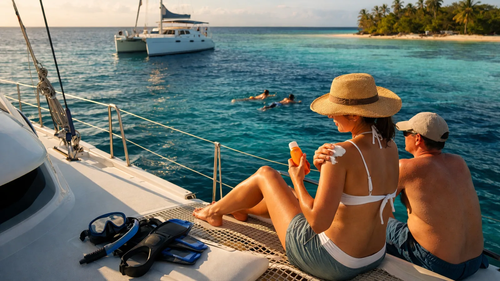 Crème solaire et masque posés près d’un lagon clair aux Antilles