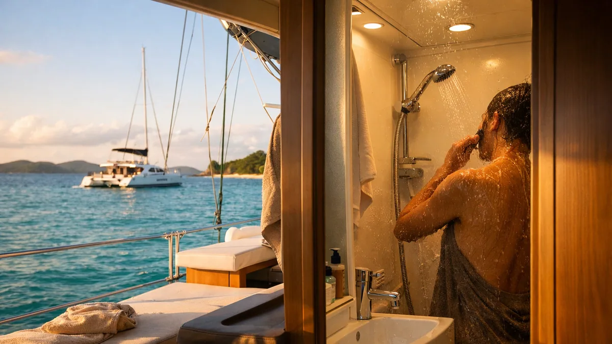 Douche de pont sur un voilier après une baignade aux Antilles
