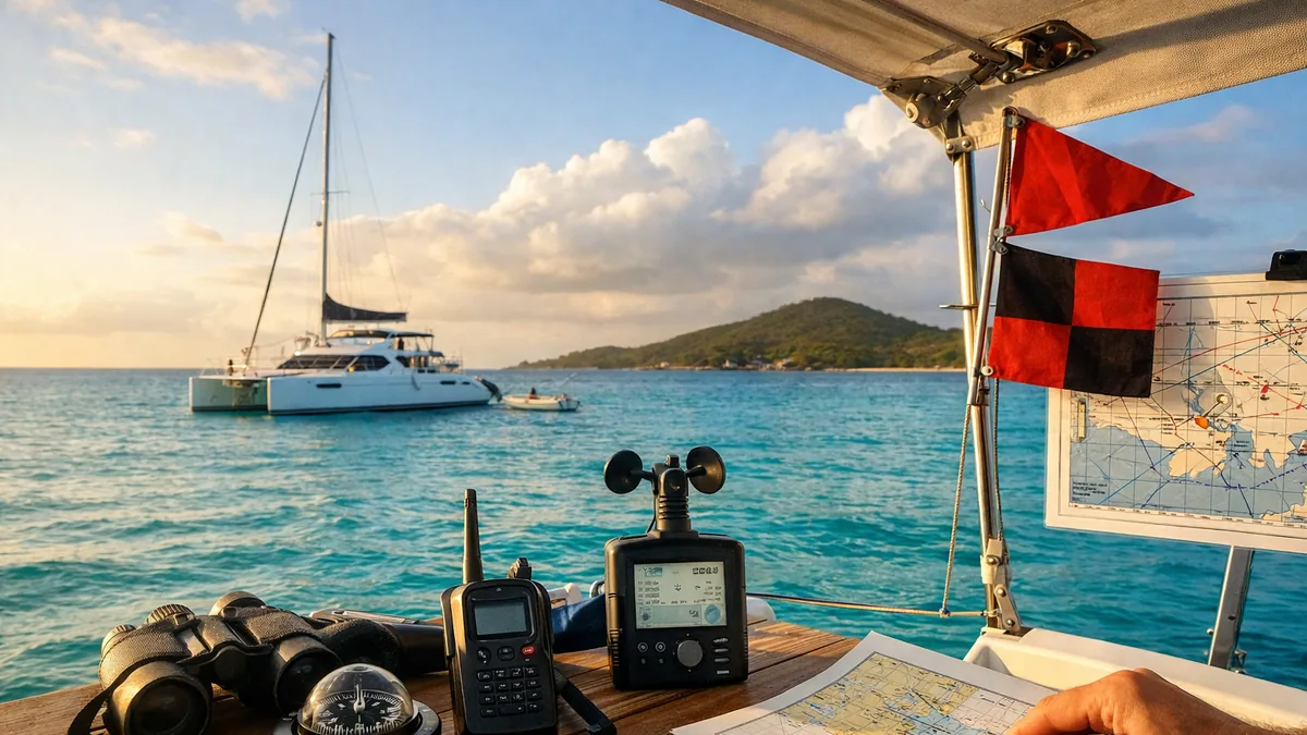 Table à cartes et horizon marin avant une sortie aux Antilles