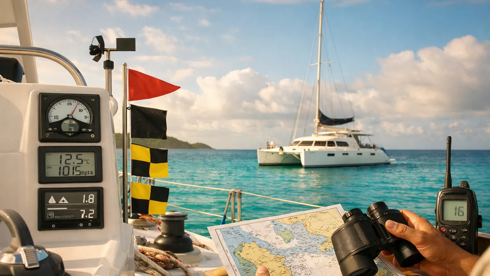 Table à cartes et horizon marin avant une sortie aux Antilles
