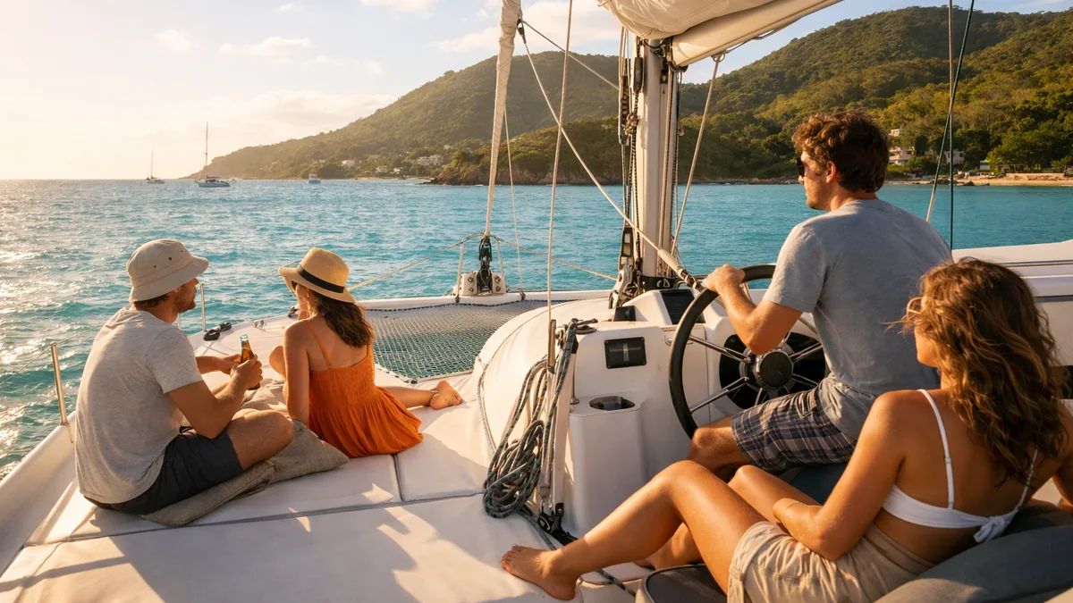 Pont de catamaran ouvert sur une mer calme aux Antilles