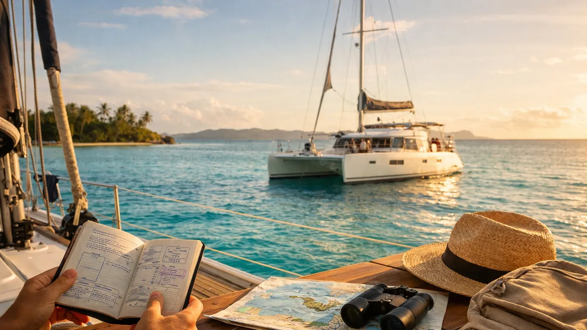 Passeport et carte marine préparés avant une navigation entre îles