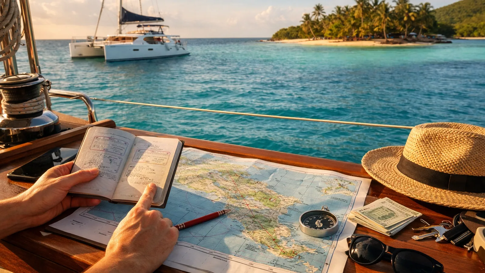 Passeport et carte marine préparés avant une navigation entre îles