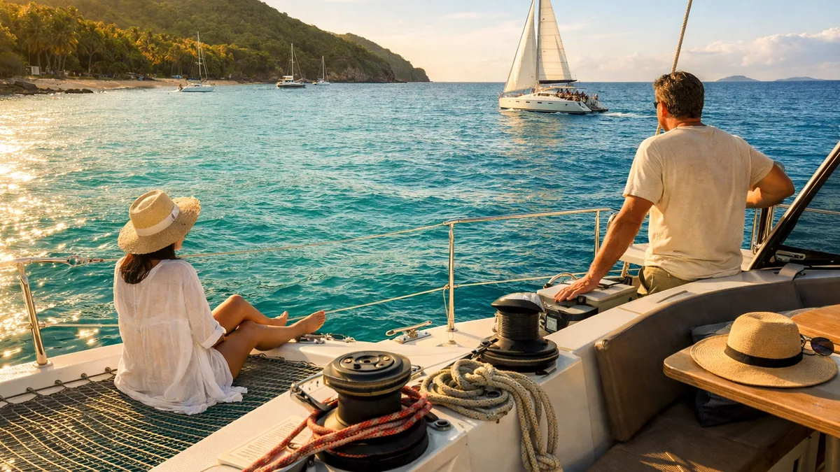 Équipage préparant le départ d’un voilier dans une marina antillaise