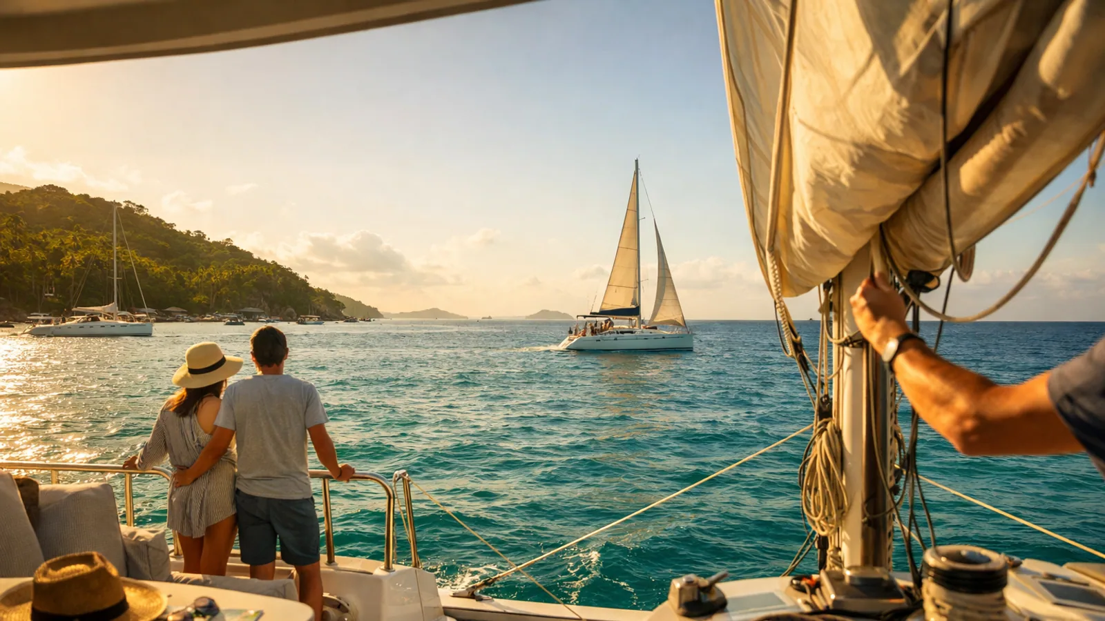 Équipage préparant le départ d’un voilier dans une marina antillaise
