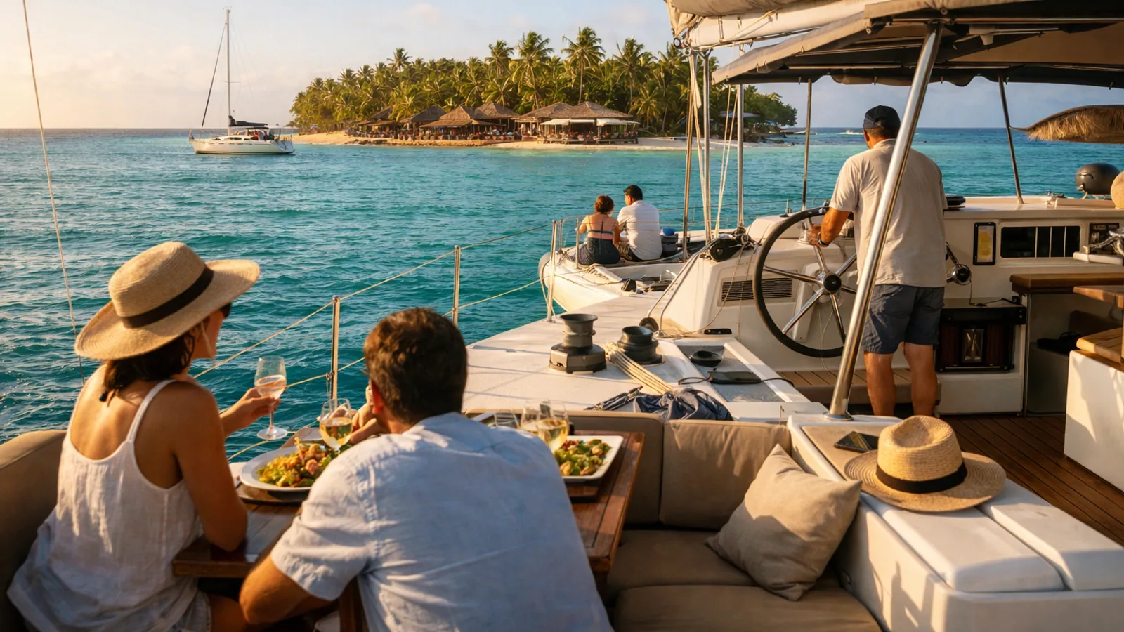 Table de restaurant en escale près d’un mouillage antillais