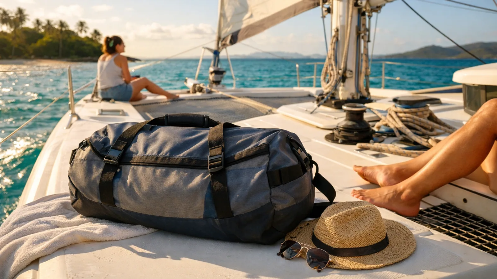 Sacs souples rangés dans une cabine de voilier