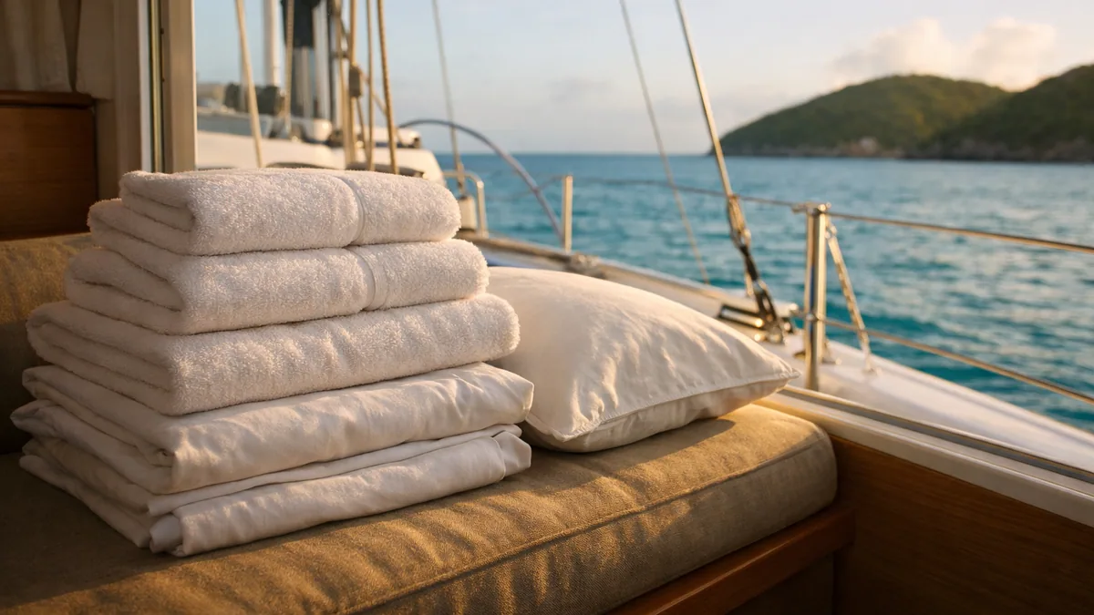 Draps et serviettes rangés dans une cabine de voilier