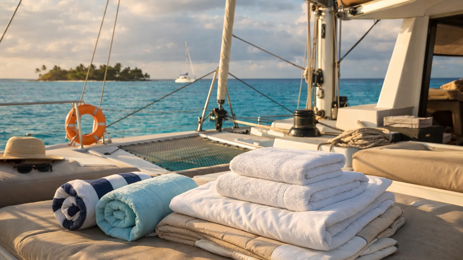 Draps et serviettes rangés dans une cabine de voilier
