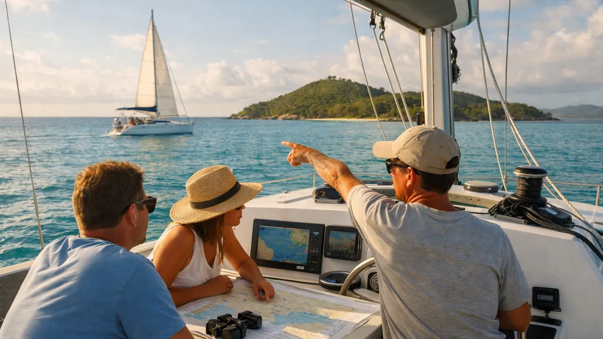 Skipper consultant une carte marine avec son équipage