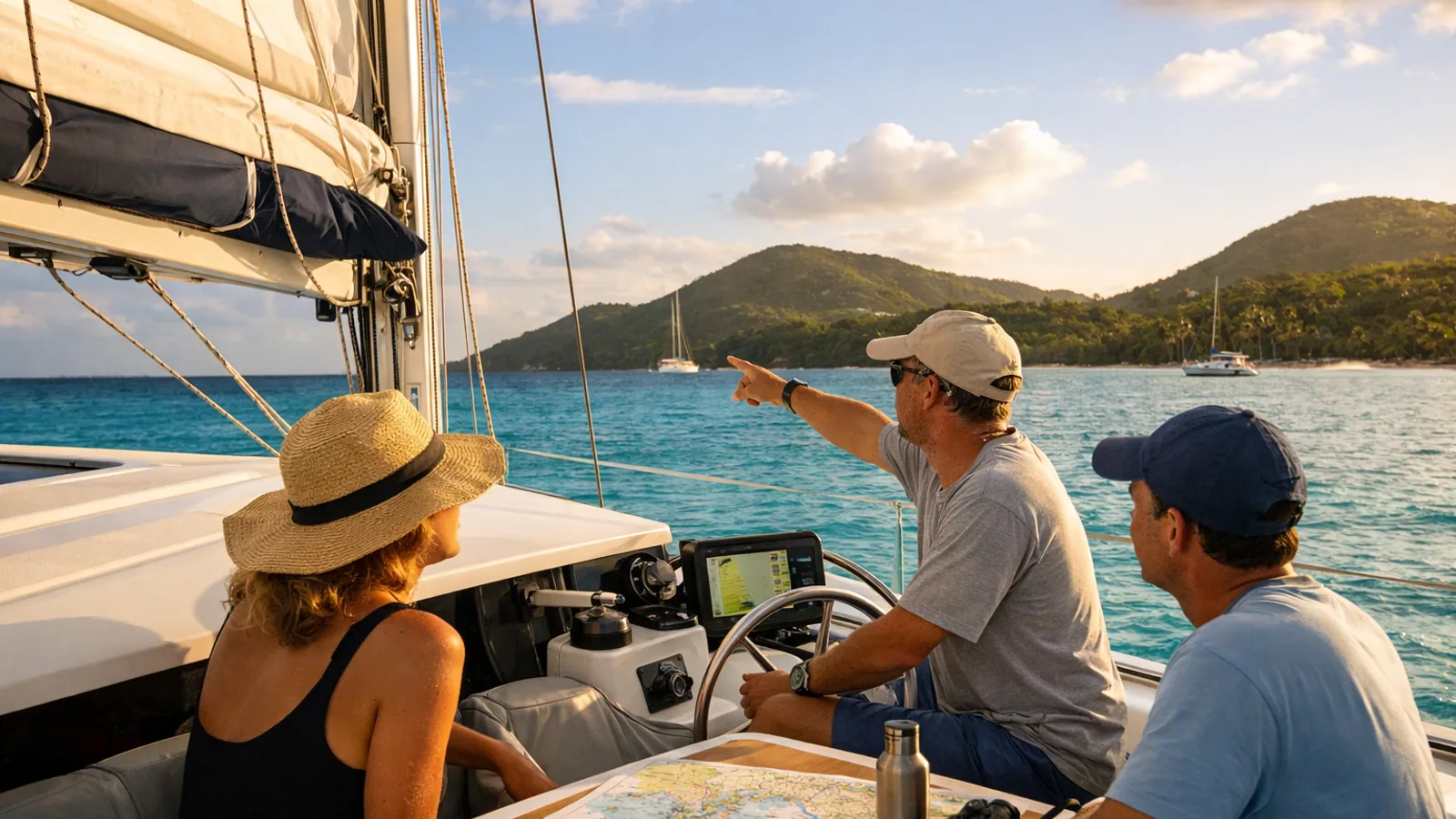 Skipper consultant une carte marine avec son équipage