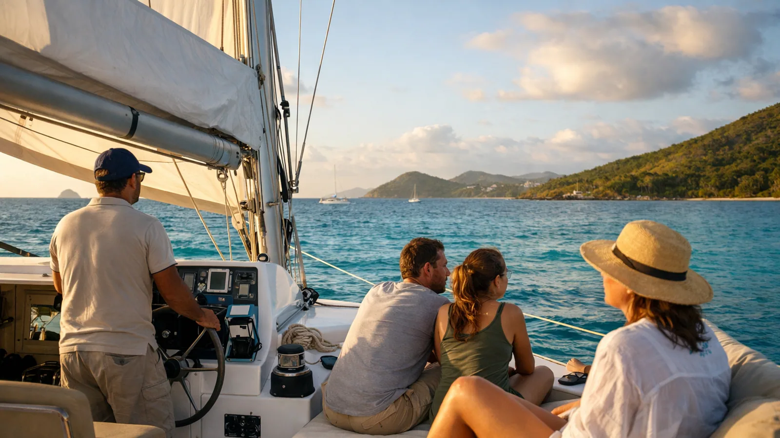 Skipper aidant un équipage à prendre en main un voilier