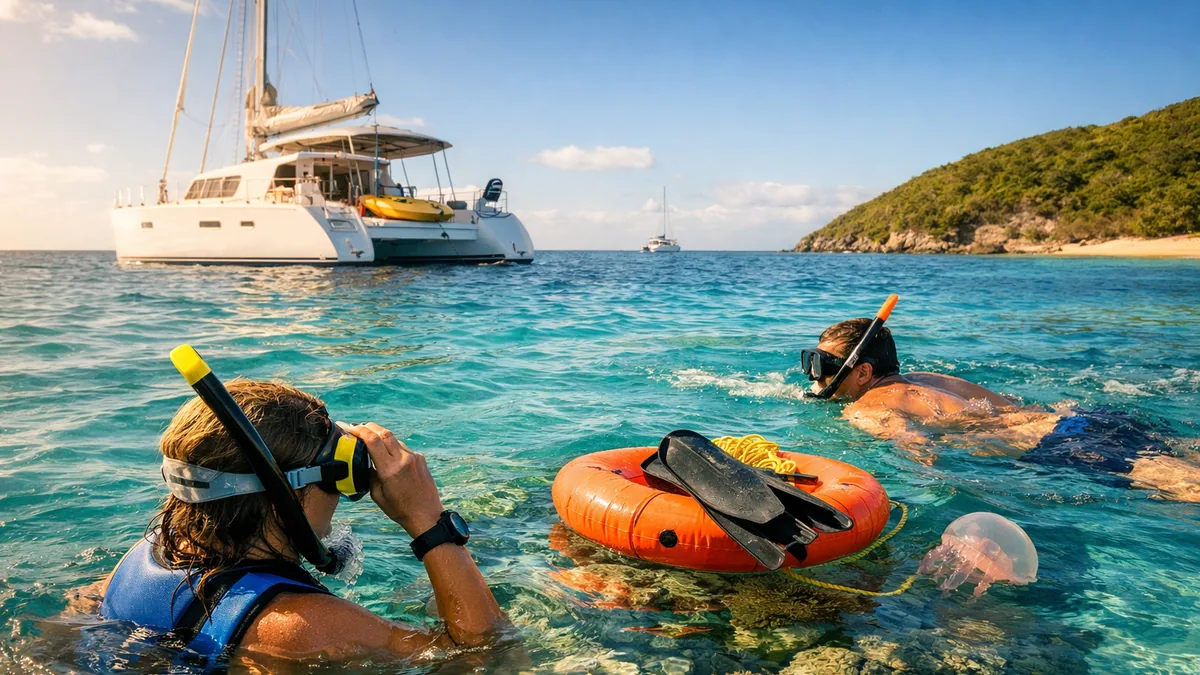 Palmes et masque posés près d’une eau turquoise aux Antilles