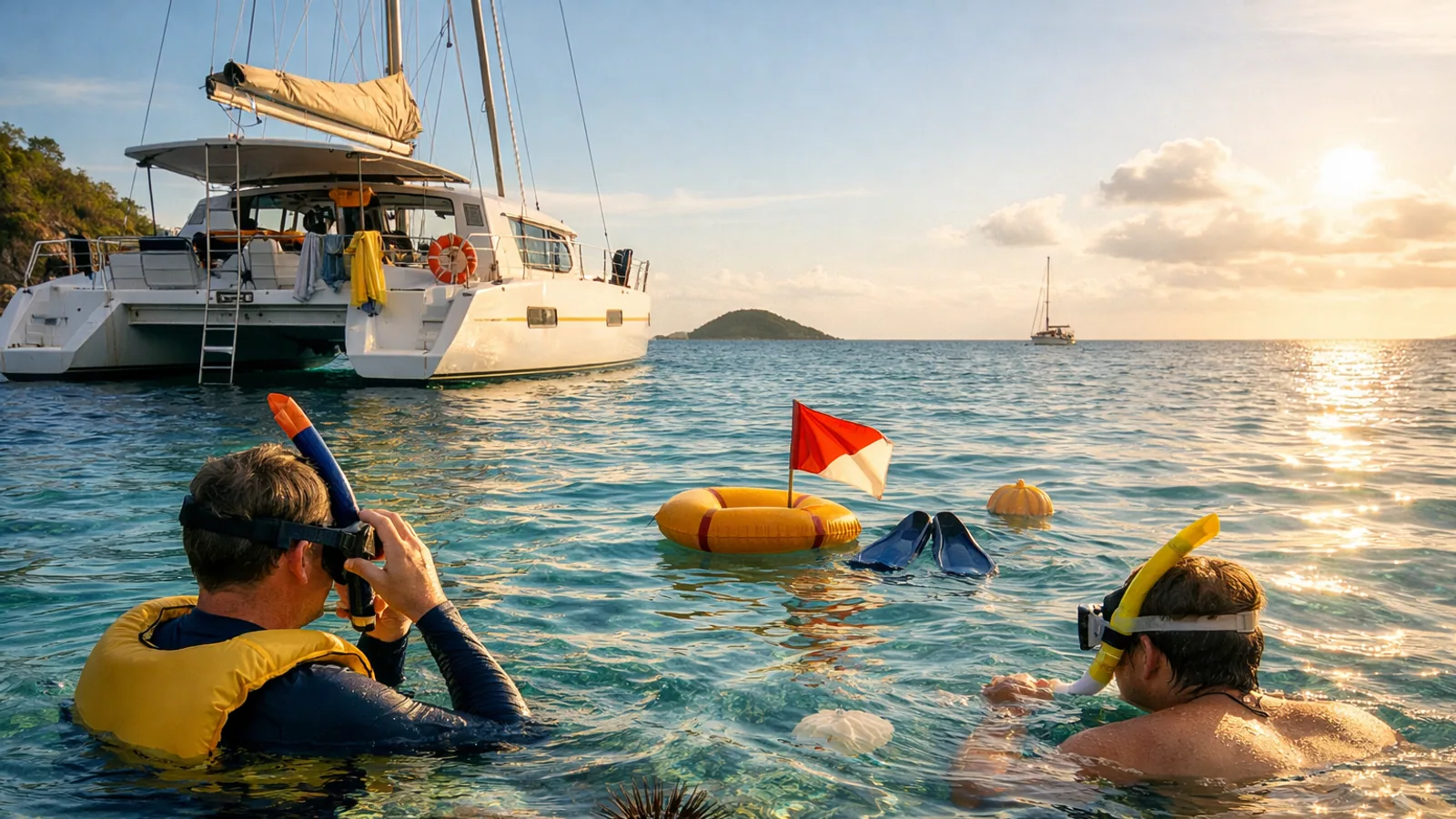 Palmes et masque posés près d’une eau turquoise aux Antilles