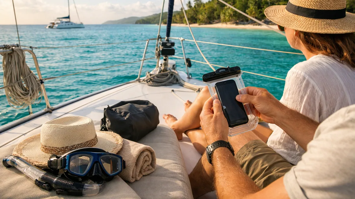 Téléphone protégé dans une pochette étanche sur un bateau