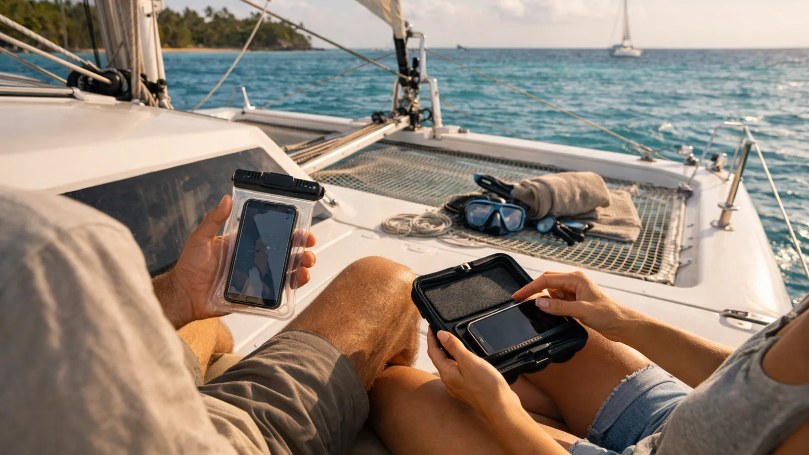 Téléphone protégé dans une pochette étanche sur un bateau