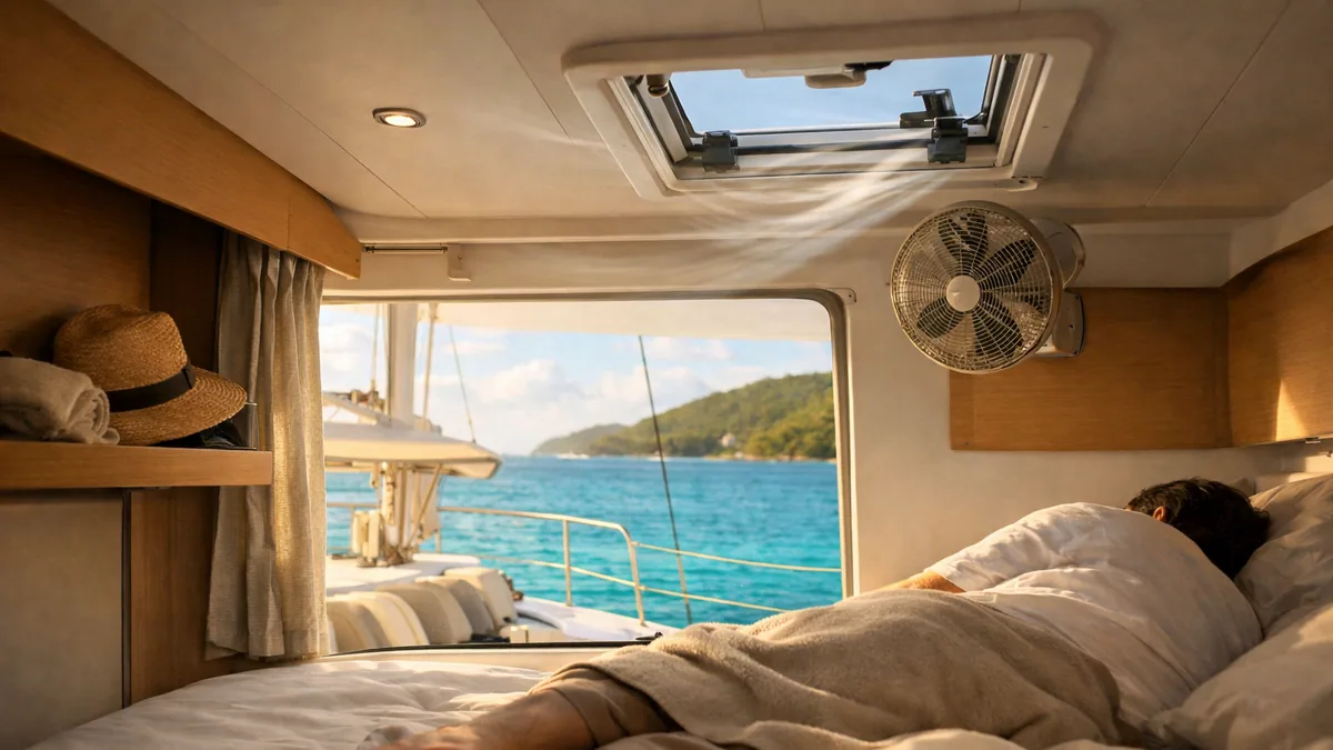 Cabine ventilée d’un voilier préparée pour une nuit tropicale