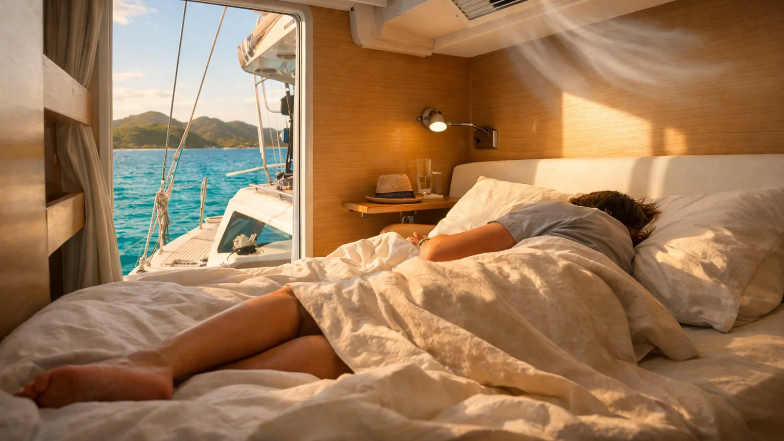 Cabine ventilée d’un voilier préparée pour une nuit tropicale